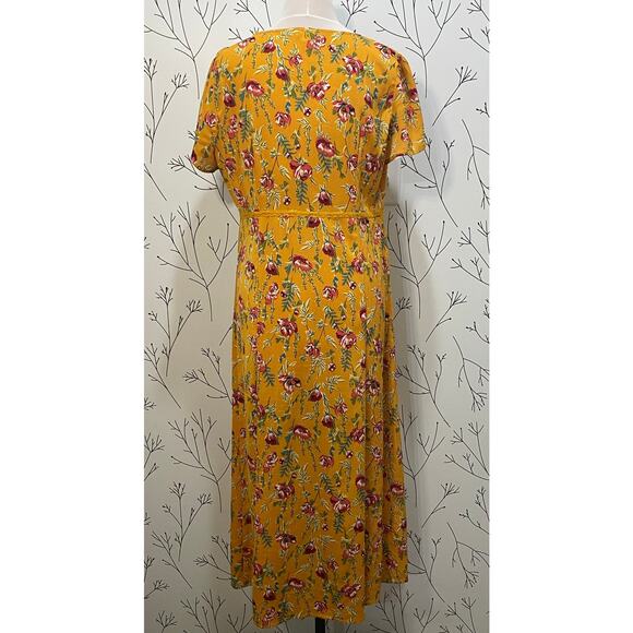 UMGEE Golden Yellow Floral Print Midi Maxi Dress Vneck Button Front Lace LARGE - Picture 4 of 6